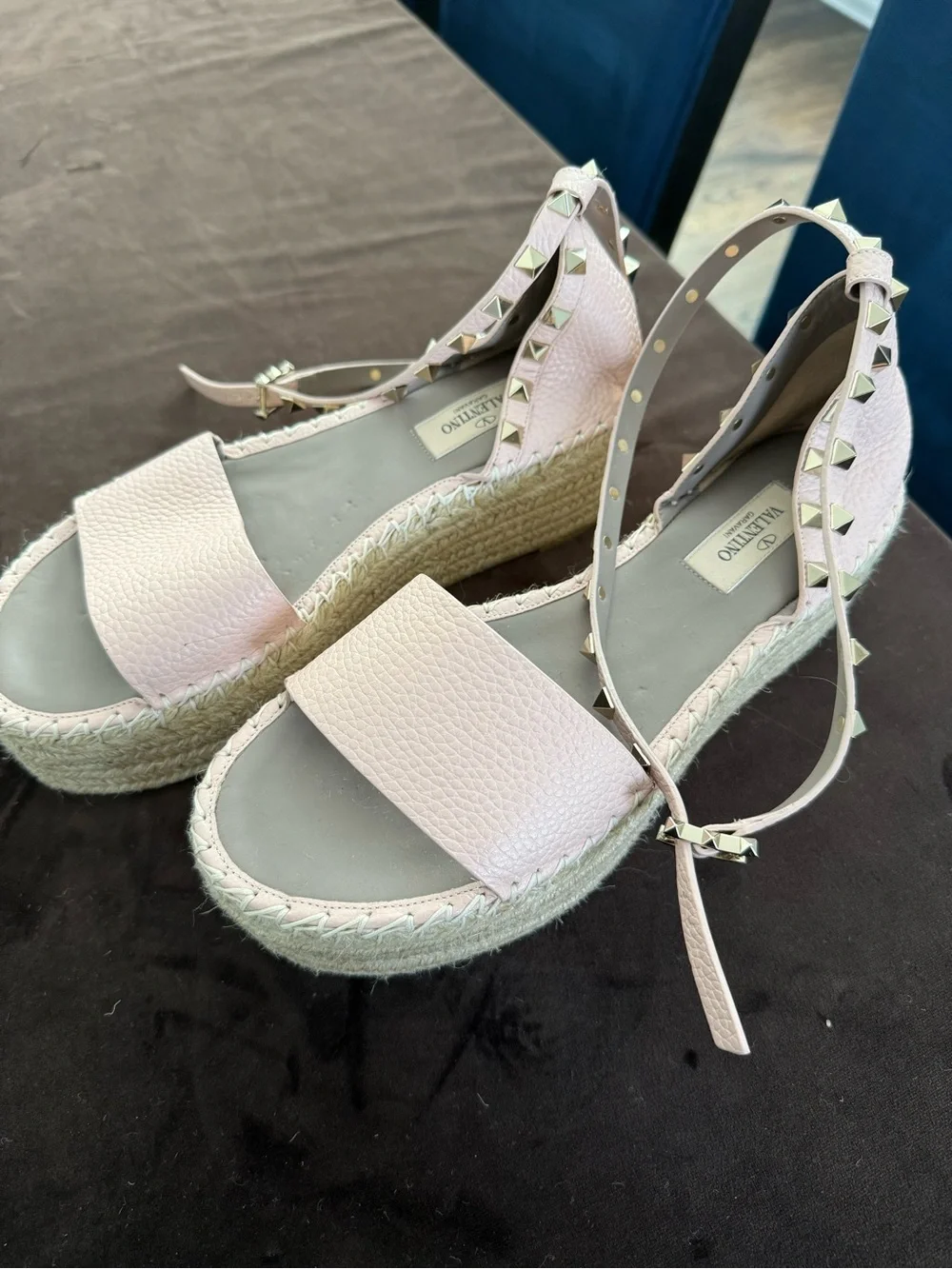 Valentino Pale Pink Studded Leather Espadrille Sandals